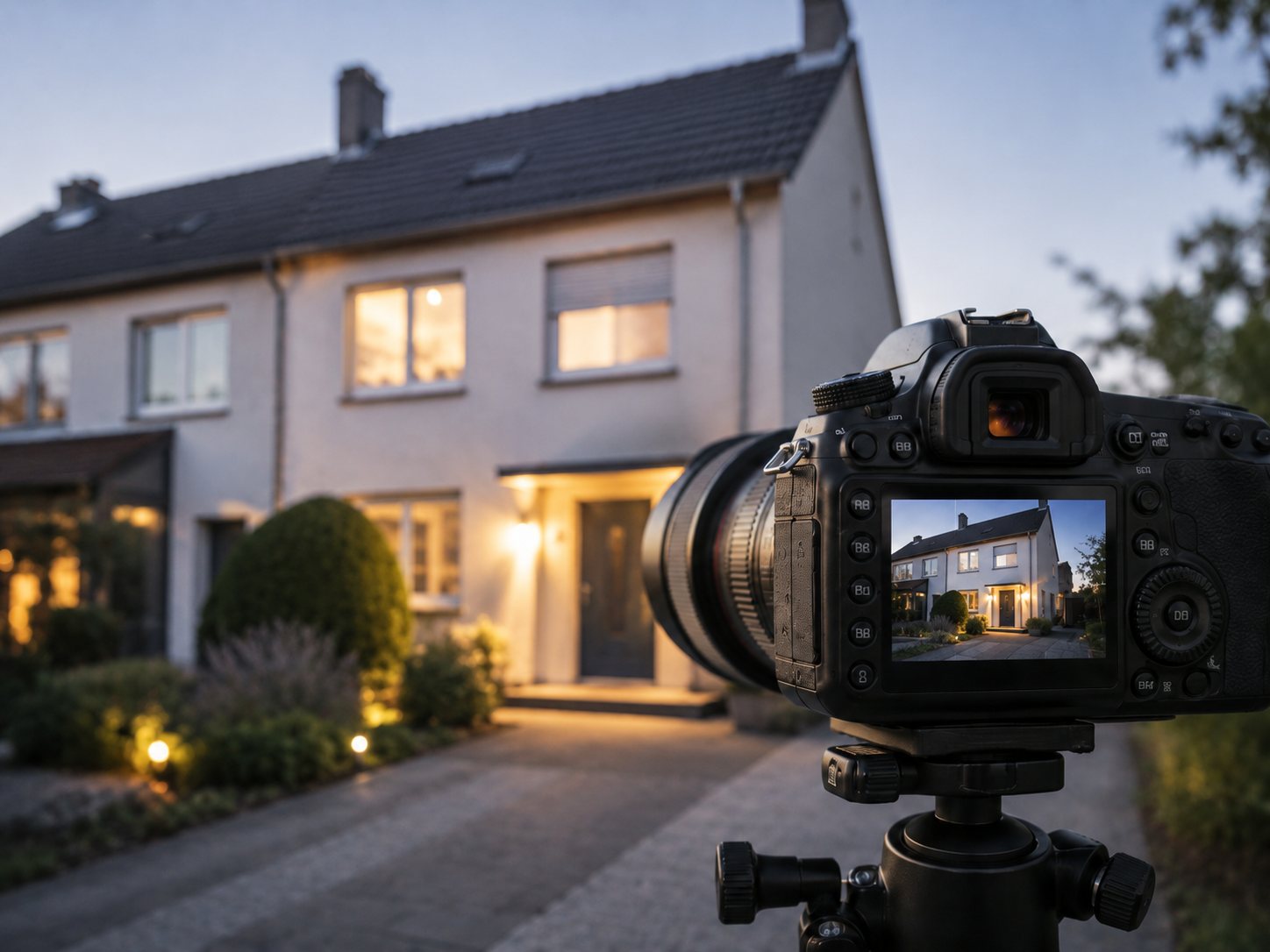 Kamera auf einem Stativ fotografiert ein beleuchtetes Wohnhaus in der Abenddämmerung